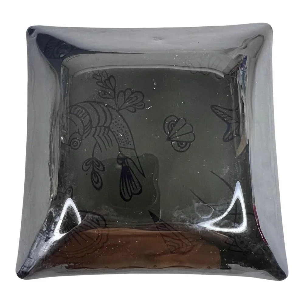 2 Tier Black Glass Tray Dish Gold Sea Creatures‎ Candle Holder MCM Chip Dip VTG